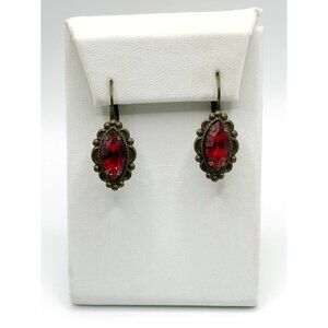 Sadie Green Drop Earrings Red Austrian Crystal Signed Antiqued Gold Tone 1.25 in